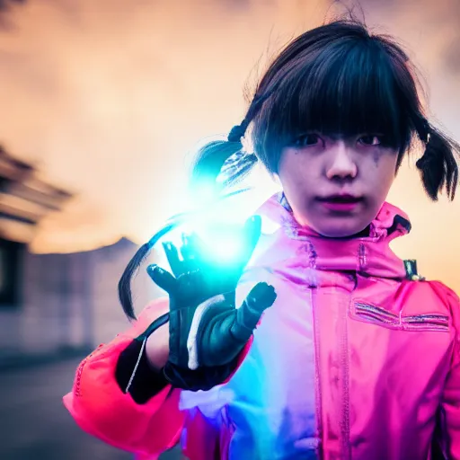 Image similar to a full body photo of a girl dressed in cyberpunk gear with her hands holding a smaller girl in her palm, 5 0 mm lens, f 1. 4, sharp focus, ethereal, emotionally evoking, head in focus, volumetric lighting, blur dreamy outdoor,