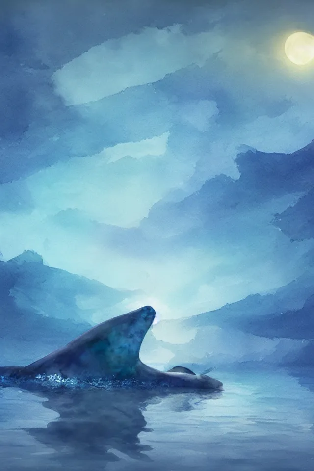 Prompt: a crystal whale from the azure ocean, moonlight shining through the lake in the water, the dreamy crystal atmosphere ， watercolor style ， super wide angle ， matte painting ， rtx on ， trending on cgsociety and artstation, volumetric light ， hyper - realism