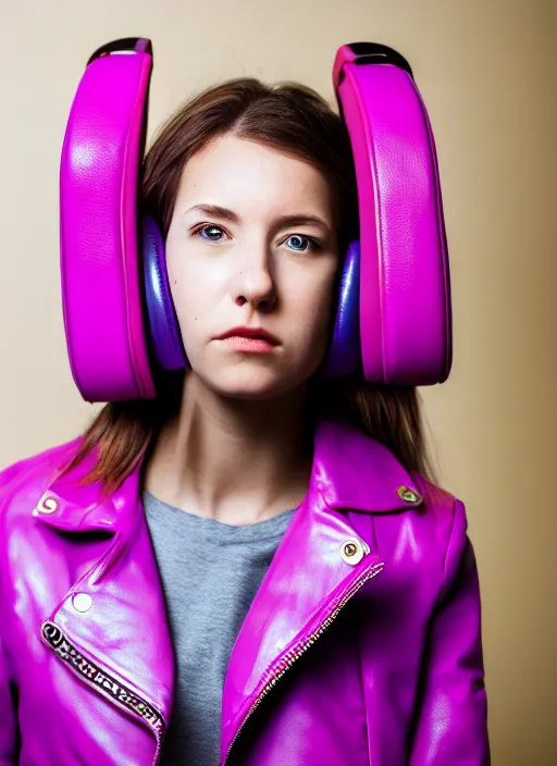 Image similar to young adult woman in a coffee shop wearing bright purple headphones and a pink leather jacket looking unamused, natural light, award winning magazine photo, 5 0 mm lens