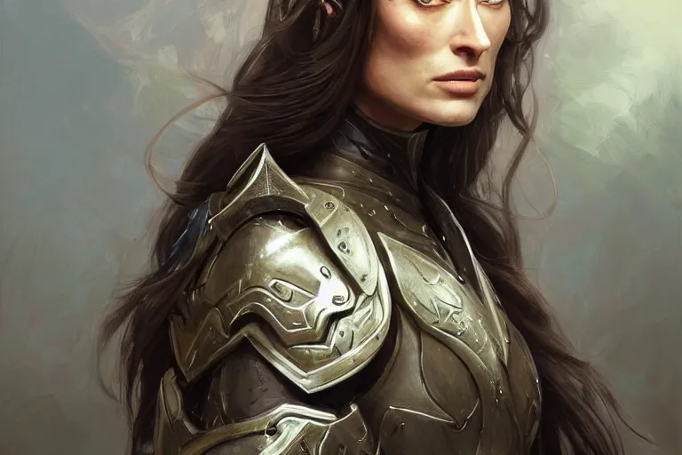 Prompt: a finely detailed portrait of Olivia Wilde, clothed in battle armor, olive skin, long dark hair, beautiful bone structure, symmetrical facial features, intricate, elegant, digital painting, trending on Artstation, concept art, smooth, sharp focus, illustration, from World of Warcraft, by Ruan Jia and Mandy Jurgens and Artgerm and william-adolphe bouguerea, award winning