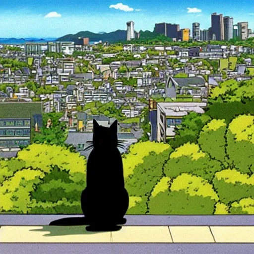 Image similar to an anthro black cat looking out over a city, Miyazaki, studio ghibli