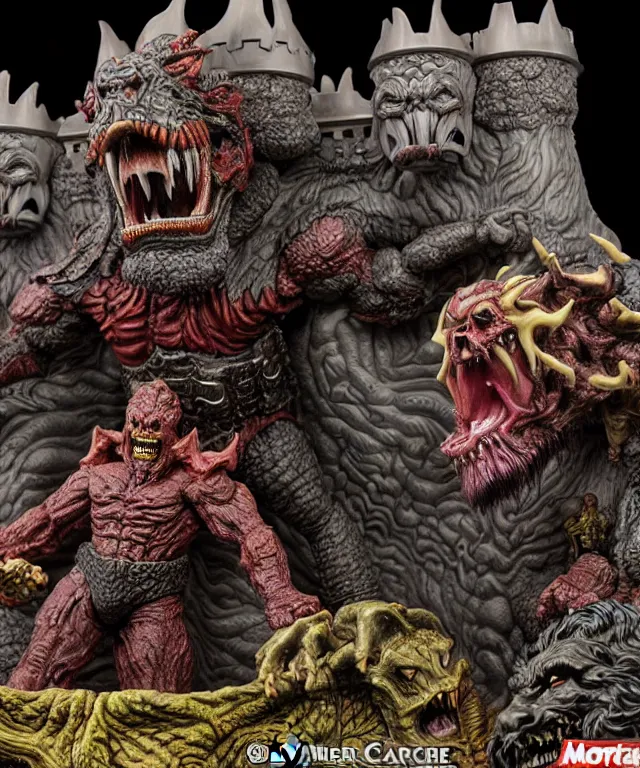 Image similar to a hyperrealistic rendering of an epic boss fight against an ornate supreme dark overlord by art of skinner and richard corben, product photography, mountain nightmare castle playset, collectible action figure, sofubi