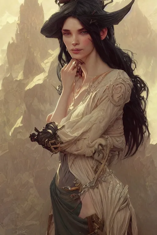 Image similar to A goblin witch, d&d, fantasy, pretty, beautiful, intricate, elegant, highly detailed, digital painting, artstation, concept art, smooth, sharp focus, illustration, art by artgerm and greg rutkowski and alphonse mucha