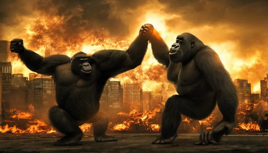 Image similar to concept art of hard combat of two huge gorilla in burning tokyo city, cinematic composition, golden lighting, action scene, strong perspective