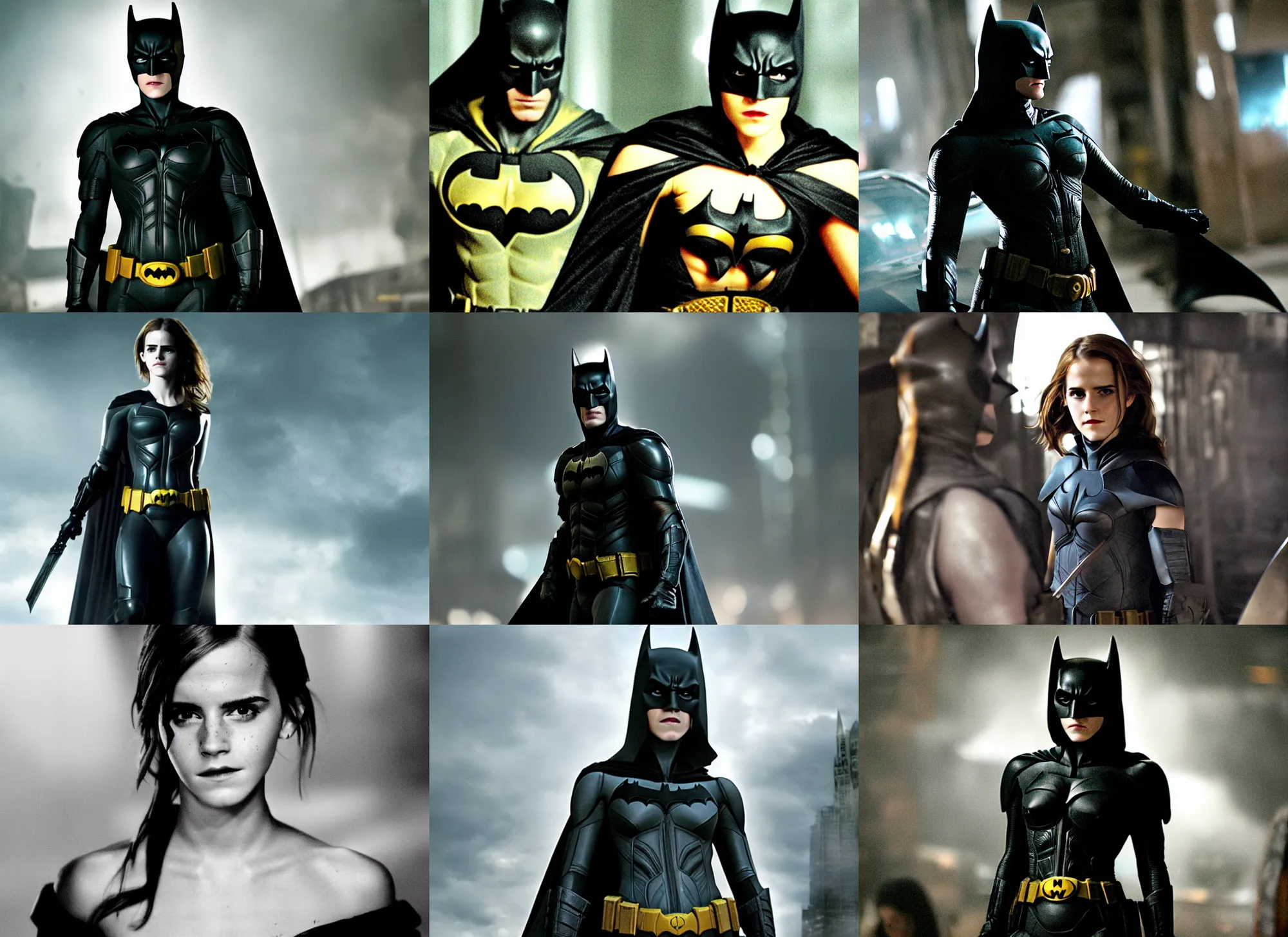 Prompt: medium shot of emma watson as batman in the dark knight ( 2 0 0 8 ), fully clothed, detailed face, movie still frame, promotional image, imax 7 0 mm footage