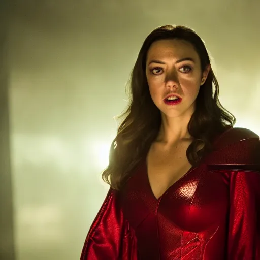 Prompt: aubrey plaza as the scarlet witch, hd 4k photo, cinematic lighting