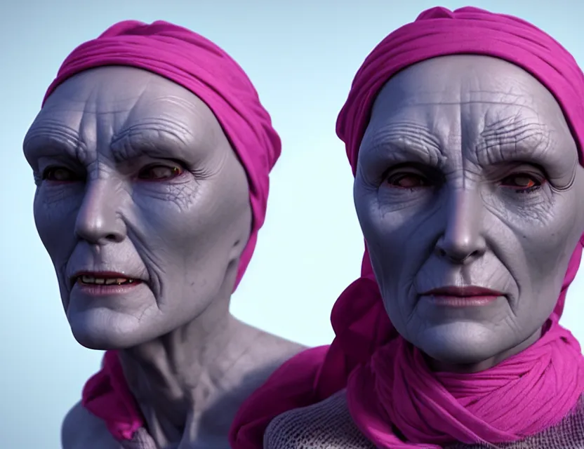 Prompt: cinematic bust portrait of robo face granny cyborg body, a scarf tied on the head, by jean giraud, trending artstaition, 3 d, unreal engine