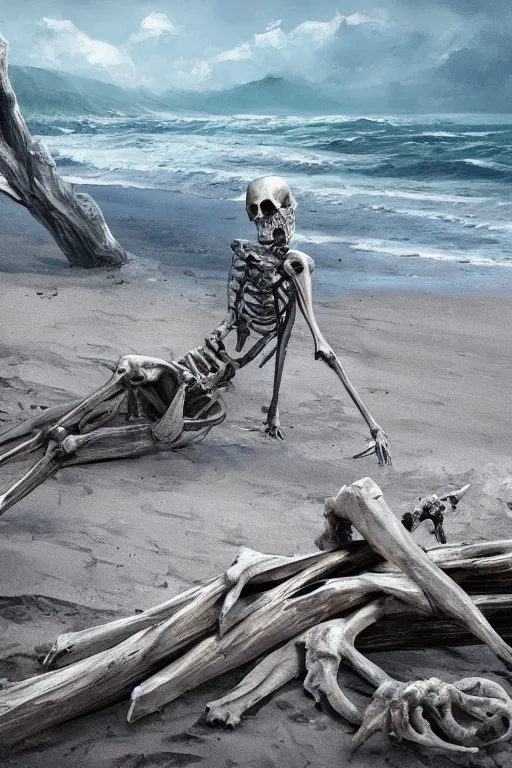 Prompt: bones on a beach, driftwood, skeletal, seaweed, gray, extremely detailed digital art, in the style of greg rutkowski, trending on artstation, 8 k