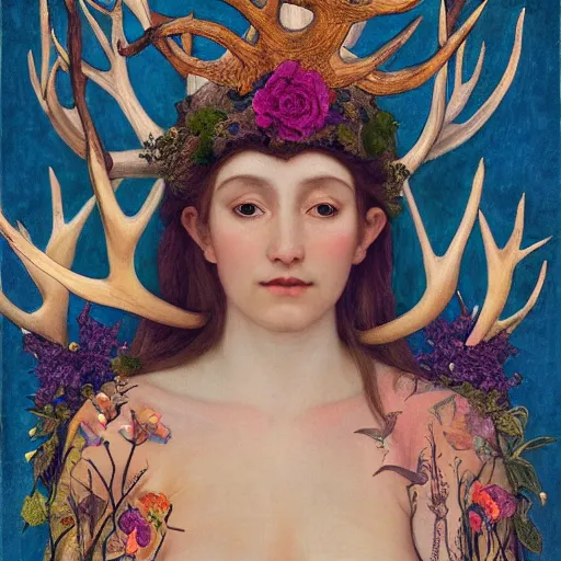 Prompt: queen of the forest wearing an antler crown, by Annie Swynnerton and Nicholas Roerich and Tino Rodriguez, embroidered robes, floral tattoos, bioluminescent skin!, elaborate costume, geometric ornament, symbolist, soft colors, dramatic lighting, smooth, sharp focus, extremely detailed