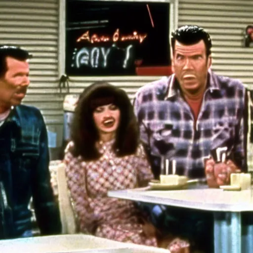 Image similar to screenshot of the sad family in Al's diner from 70s comedy TV show unhappy days