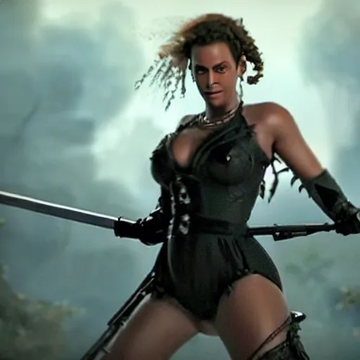 Image similar to a beautiful cinematic image of a beyonce wielding a sword, cinematic, 4k, realistic, anime artwork, rtx, hyperrealistic, unreal