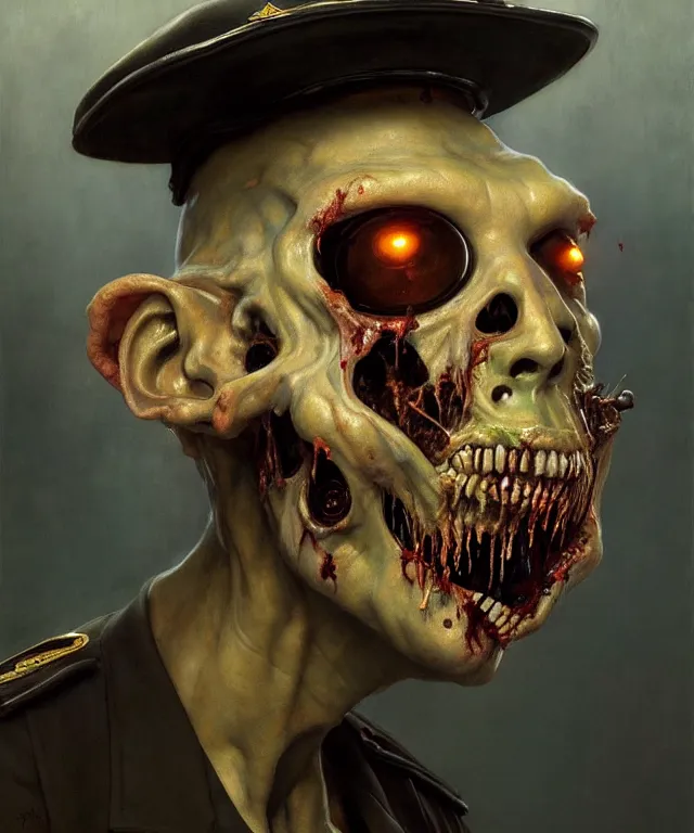 Prompt: painting of a rotting slimy zombie wearing a cop uniform by edgar maxence and rhads and leyendecker. police, award - winning digital art on pixiv, trending on artstation, cinematic lighting, dramatic lighting, stunning and beautiful scenery - highly detailed, hyperrealistic, unreal engine 5