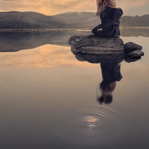 Image similar to dslr photo of a large lake with ripples from a pebble skimming across the water, full bodied portrait, artgerm, artstation, very high quality effects, intricate details,, extremely high quality, moody lighting, real camera, real photo, photography by deviantart, 8 k, full subject in shot