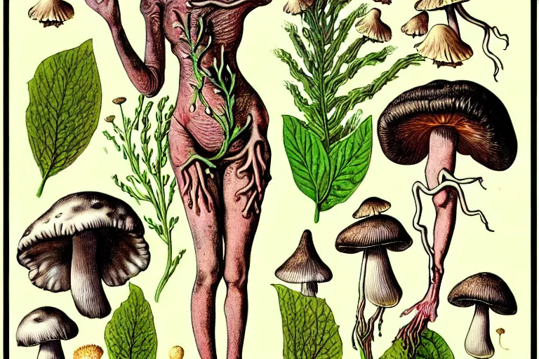 Prompt: a page from an old botany book of a woman with mushrooms sprouting all over her skin who looks distressed. in the style of franz kafka the metamorphosis. trending on artstation.