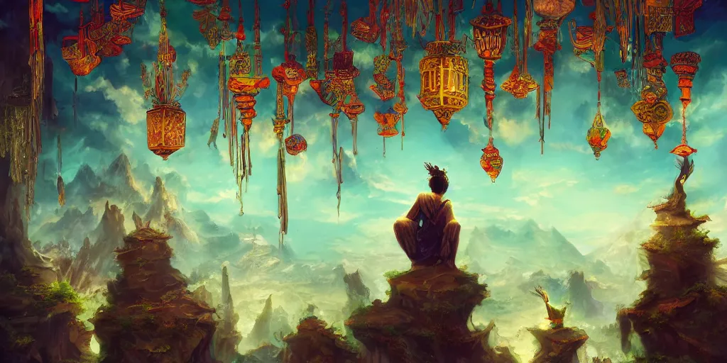 Image similar to painting of a wind god enjoying the view from his ornate heavenly palace, decorated with windchimes and paper lanterns, stunning green nature in background, digital art trending on artstation