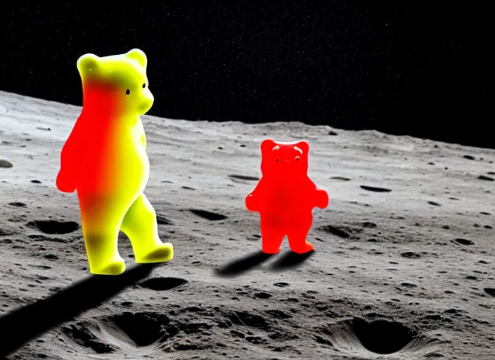 Prompt: a gummy bear walking on the moon staring back at a tiny earth, photorealistic, over the shoulder perspective, we can see earth far out in the distance