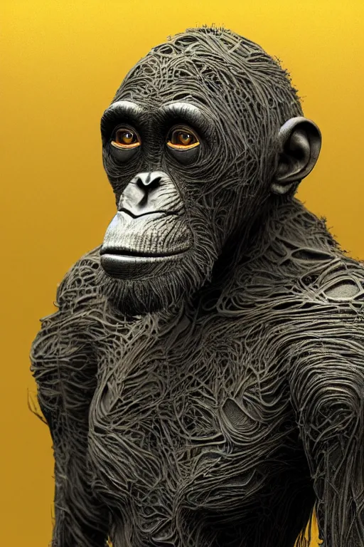 Image similar to portrait of a robot resembling a old chimpanzee, intricate wrinkles, dystopian toy, sci-fi, extremely detailed, biopunk, human hands, digital painting, sculpted in zbrush, artstation, concept art, smooth, sharp focus, illustration, chiaroscuro lighting, golden ratio, incredible art by Stanley Artgerm Lau and Greg Rutkowski, composition by Alphonse Mucha and Simon Stalenhag