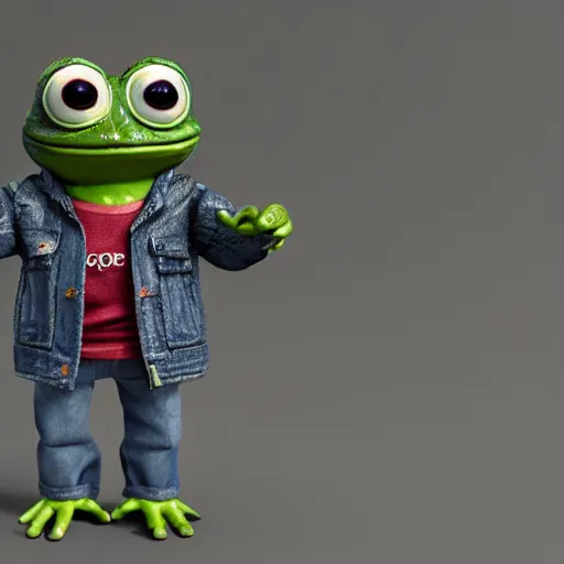 Image similar to perfectly accurate miniature figure of pepe the frog wearing jeans and a black leather jacket, soft textures, skin texture, clothing, 3d sculpture, textured, fine detail, lifelike, photo, high resolution, octane render, post processing, after effects, trending on artstation