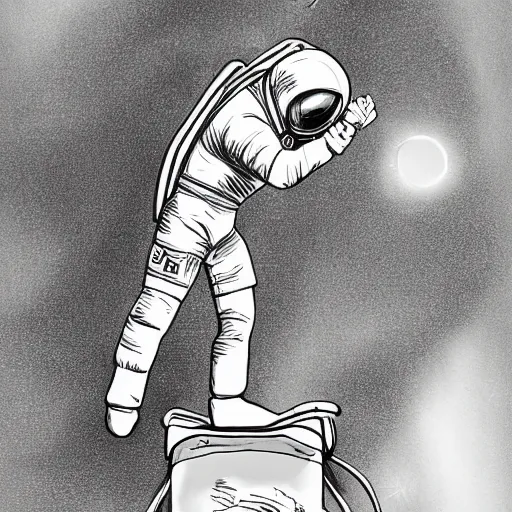 Prompt: drawing of steed situated on top of astronaut that standing on all fours