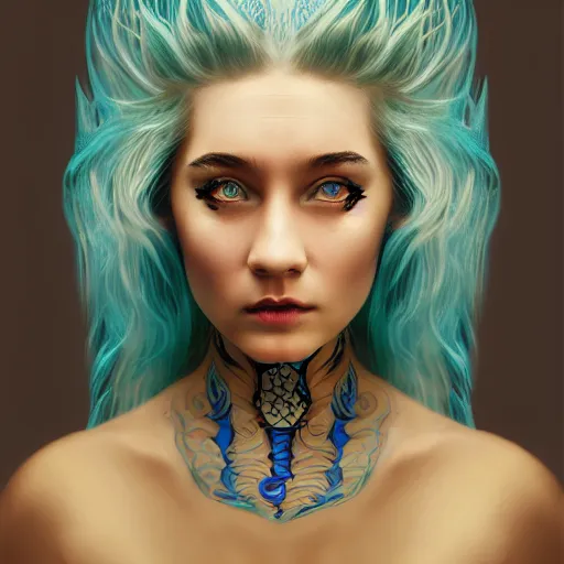 Prompt: The dragon girl portrait, portrait of young girl half dragon half human, dragon girl, dragon skin, dragon eyes, dragon crown, blue hair, long hair, highly detailed, cinematic lighting, digital painting by David Lynch