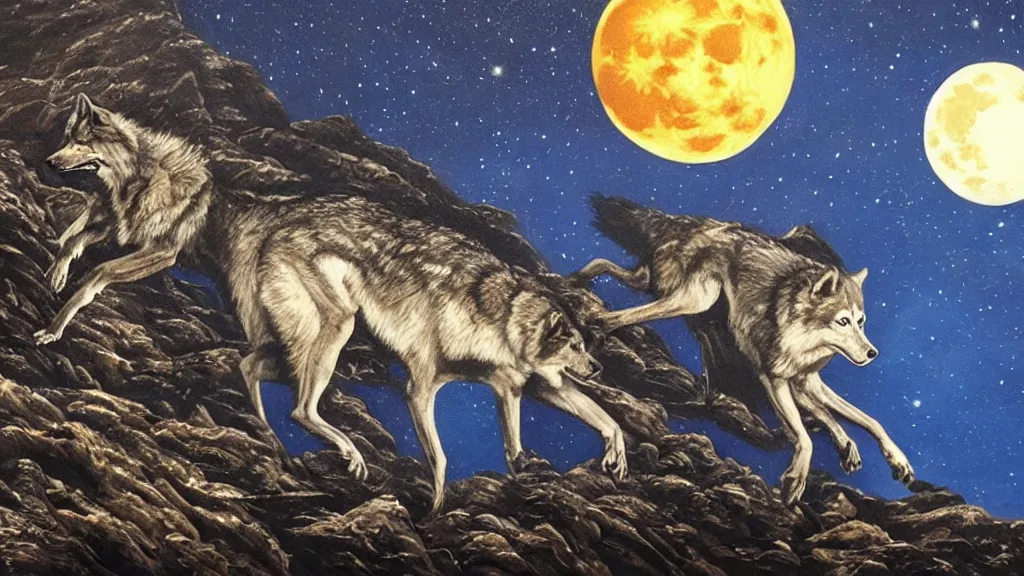 Image similar to epic oil painting of a close up of a highly detailed David Bowie riding a (wolf) at night, on top of a large cliff, with the full moon in the background, highly detailed