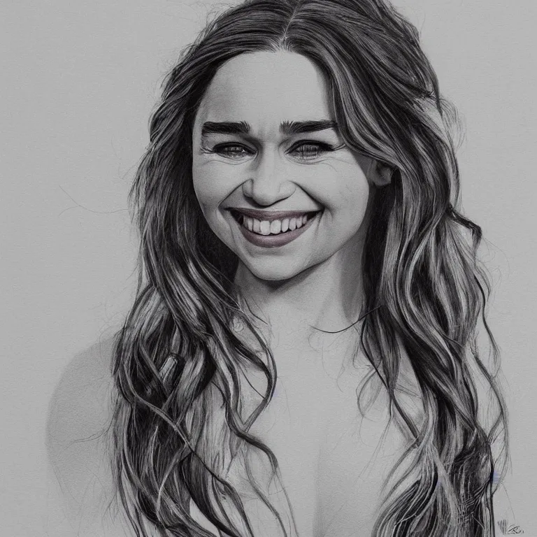 Image similar to an amaze - art painting of emilia clarke using single line, realism, smiling face