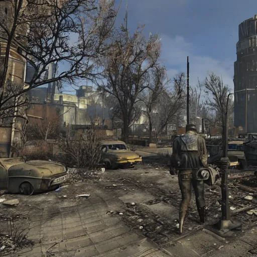 Image similar to Moscow in ruins post-nuclear war in Fallout 4, in game screenshot