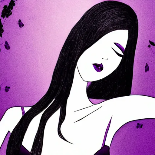 Prompt: beautiful delicate pale thin goth woman with black hair, wearing long black and purple dress, highly detailed, illustration