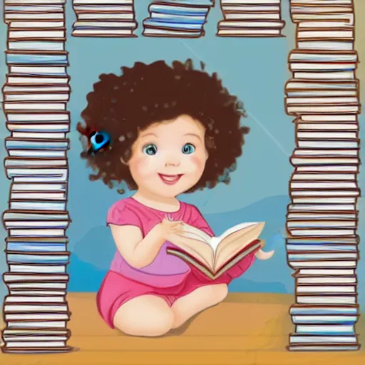 Image similar to a cute little girl with a round cherubic face, blue eyes, and short wavy light brown hair sitting on top of a stack of books. beautiful cartoon painting with flat colors and highly detailed face, outlining, children's storybook