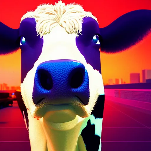Image similar to synthwave cow face, detailed face, sharp focus, synthwave art, aesthetic, octane render