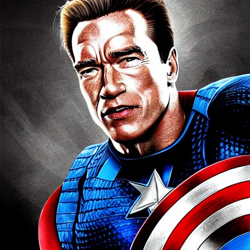 Prompt: Arnold Schwarzenegger as Captain America, digital art