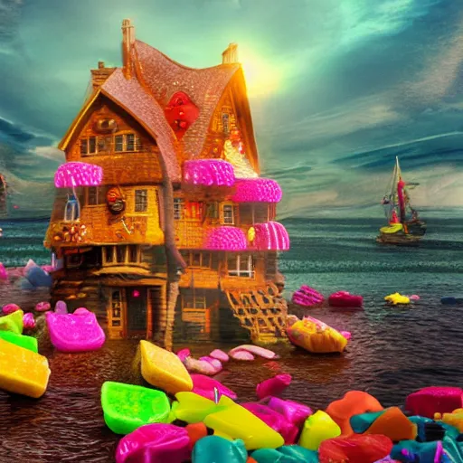 Prompt: a witches house made out of candies on the ocean, epic scene, fantasy, redshift render, cgi, hyper - detailed, photo - bash, 8 k post - production, masterpiece