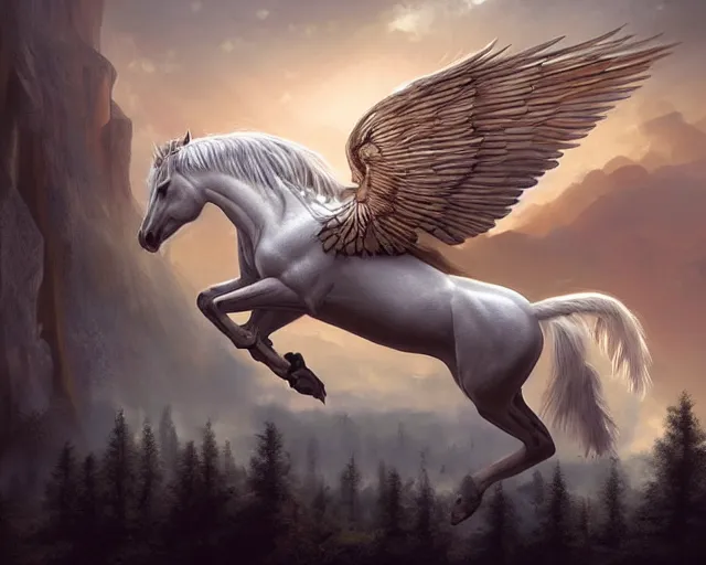 Prompt: white pegasus flying above forested mesas at sunrise, illustration, by ( kieran yanner ) ( miranda meeks ) ( anna podedworna ) ( cristi balanescu ), digital art