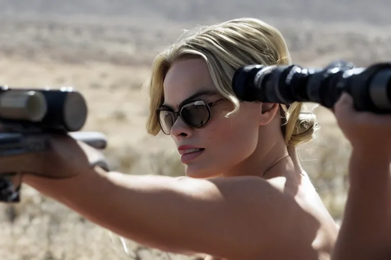 Image similar to margot robbie in the american sniper, closeup action shot, looking into the scope, cinematic