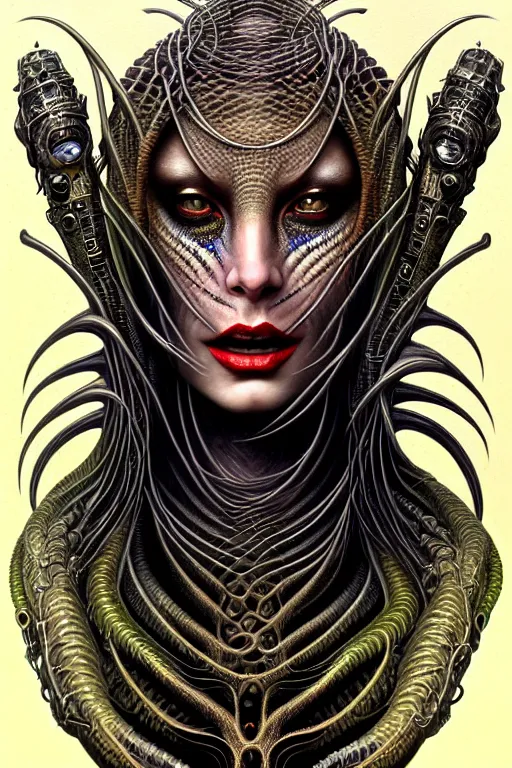 Image similar to single face portrait. complex hyper-maximalist overdetailed cinematic cosmic scifi portrait of an elegant very attractive but wild and dangerous humanoid reptilian goddess by andrei riabovitchev, tomasz alen kopera, oleksandra shchaslyva. Omnious intricate. Secessionist portrait illustration. Poison goddes. Slightly influenced by giger. Zerg human hybrid goddes. Unreal engine 5. Focus on face. Artstation. Deviantart. 8k 4k 64megapixel. Cosmic horror style. Rendered by binx.ly.