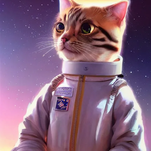 Image similar to head and shoulders masterpiece portrait of a cute adorable cat wearing a spacesuit, surreal background, digital art by krenz cushart, trending on artstation, cgsociety,