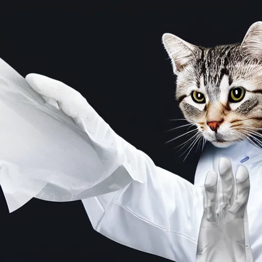 Prompt: anthropomorphic cat in white coat in hospital holding x ray film upwards 8k rendering