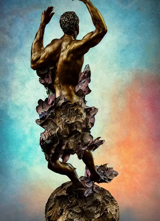 Image similar to An epic fantastic realism comic book style painting of a distressed bronze sculpture from the future by Stanislaw Szukalski, beautiful colorful flowers rain down, gilded marbled paper background, fisheye lens, unreal 5, DAZ, hyperrealistic, octane render, dynamic lighting