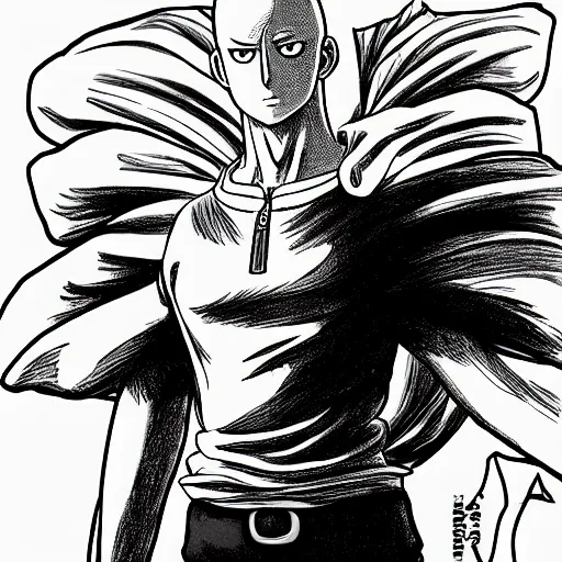 Image similar to highly detailed drawing of Saitama from One Punch Man, drawn in the style of Kentaro Miura, 4k, maximalist