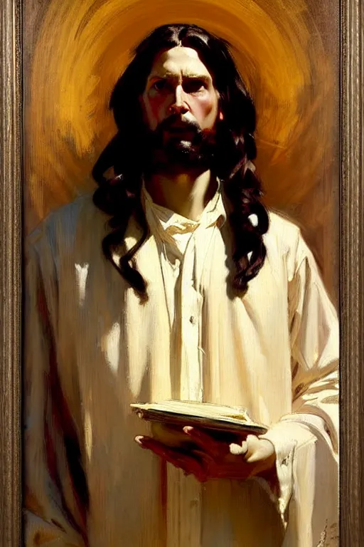 Image similar to leyendecker and solomon joseph solomon and richard schmid and jeremy lipking victorian loose genre loose painting full length portrait painting of jesus