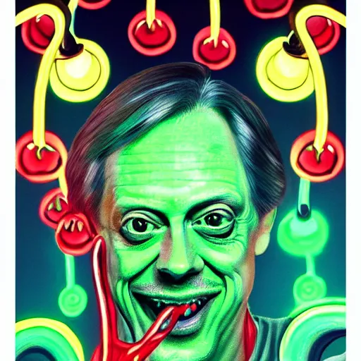 Image similar to steve buscemi as a martian alien, smiling, holding neon mushrooms, highly detailed, 8 k, trending on artstation, award - winning art,