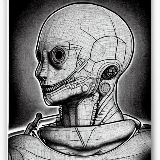 Image similar to detailed blueprint of an alien cyborg, black and white style by leonardo davinci