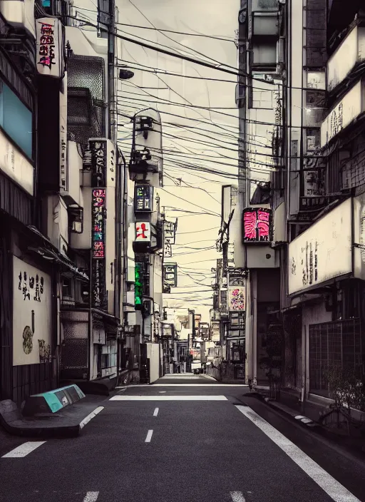 Image similar to weird streets of tokyo where no tourists are allowed, photorealistic, canon r 3, symmetry, octane render, unreal engine, dramatic lights