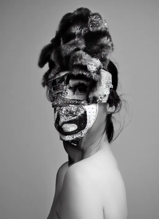 Prompt: a fashion portrait photograph of a woman wearing a high fashion mask art directed by Alexander McQueen, 35mm, pentax, studio lighting