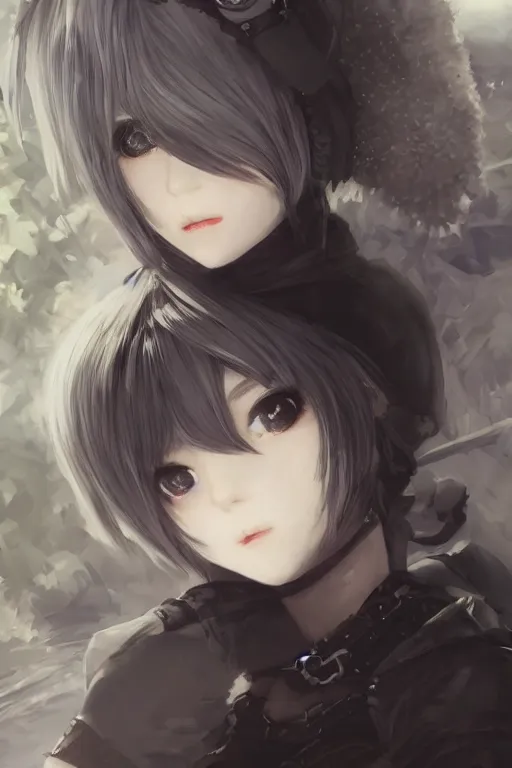 Prompt: beautiful portrait of 2B from nier automata, forest, junkyard, pretty, semi realistic anime, hyper detailed, 8k, DeviantArt, Instagram, Behance, Artstation, trending on artstation, Pixiv, Pixiv daily ranking, art of silverfox, Yee Chong Silverfox, Sydney Hanson, Mickael Lelièvre, Jaeyeon Nam, derevschikova, Elina Karimova, Artgerm Lau, WLOP, Rossdraws, Hyung Tae Kim