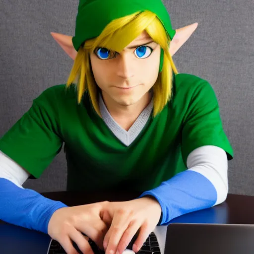 Image similar to link from zelda using computer, stock image