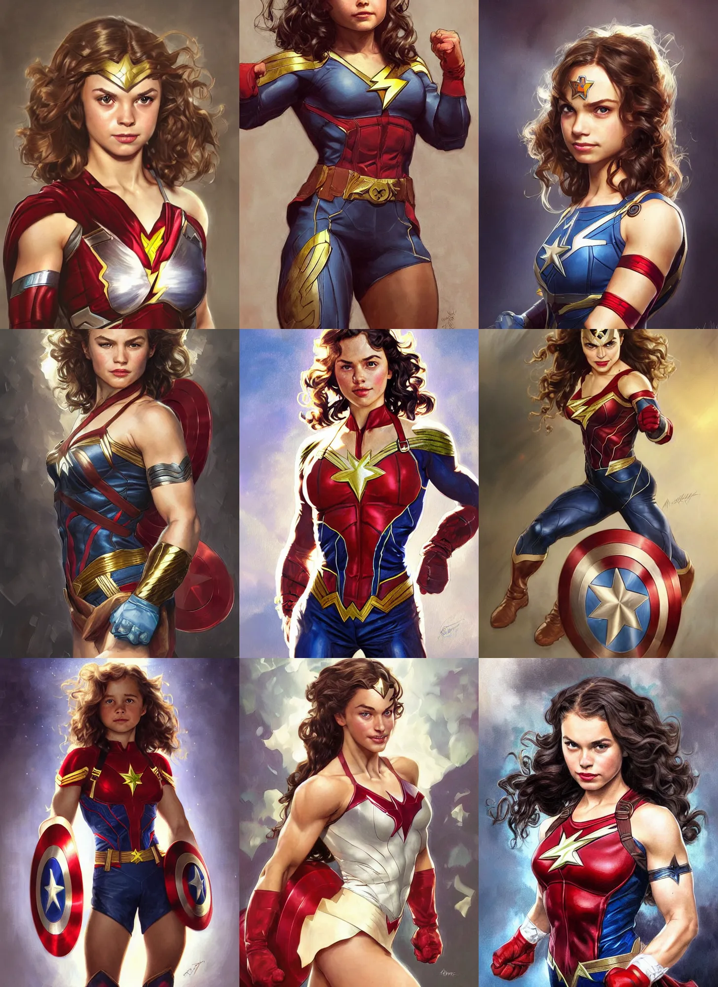 Prompt: a little muscled girl with a mischievous face and light brown curly wavy hair. she is dressed as captain america, batman, the flash, captain marvel, wonder woman, a superhero. clean elegant painting, beautiful detailed face. by artgerm and greg rutkowski and alphonse mucha