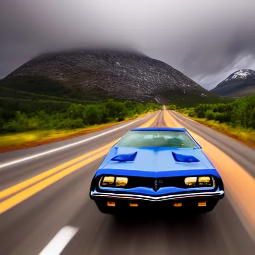 Image similar to pontiac firebird trans - am driving towards the camera, norway mountains, cinematic, volumetric lighting, foggy, wide shot, low angle, huge mountains, large lightning storm, thunder storm, tornado