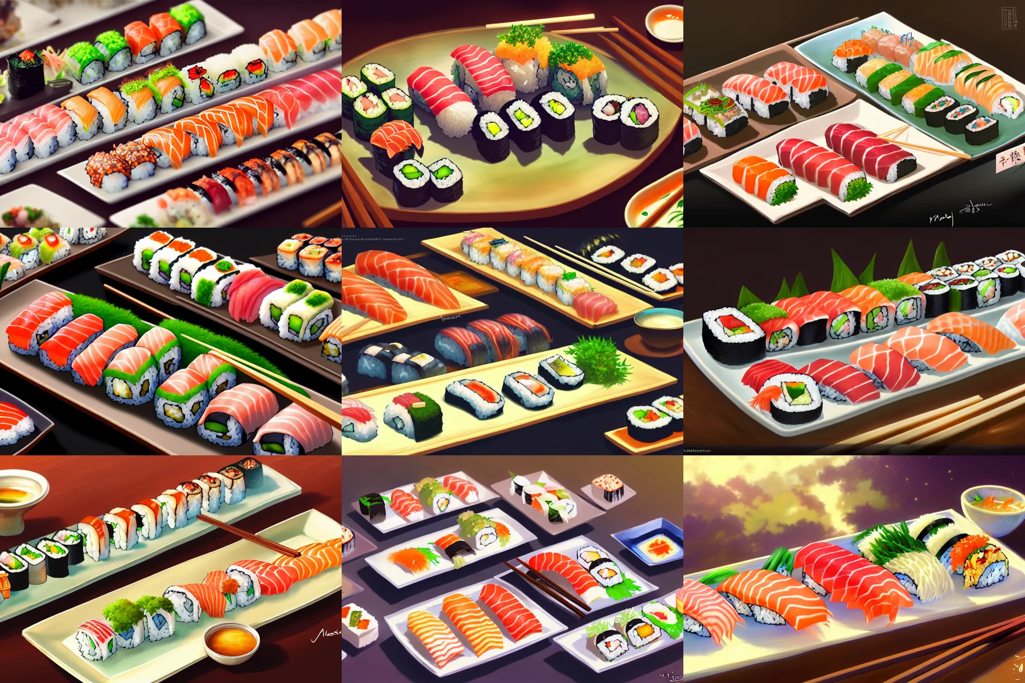 Prompt: a delicious plate of assorted sushi, key visual, a fantasy digital painting by makoto shinkai and james gurney, trending on artstation, highly detailed