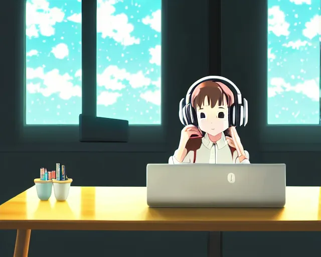 Image similar to anime fine details portrait of joyful school girl in headphones studying near monitor in her room at the table, evening, lamp, lo-fi, open window, dark city landscape on the background deep bokeh, profile close-up view, anime masterpiece by Studio Ghibli. 8k, sharp high quality anime